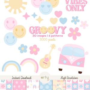 Pode incluir: Uma coleção de arte digital com tema groovy. A imagem inclui rostos sorridentes, estrelas, corações, flores, arco-íris, um ukulele e uma carrinha rosa e azul. O texto inclui "GOOD VIBES ONLY" e "GROOVY".