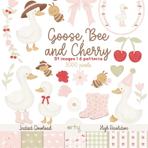 Pode incluir: Uma coleção digital de ilustrações em aquarela com gansos brancos, abelhas, cerejas, laços cor-de-rosa, flores e corações. O texto diz Goose, Bee and Cherry, 51 images, 6 patterns, 3000 pixels, Instant Download e High Resolution.
