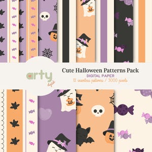 Pode incluir: Um pacote de papel digital intitulado Cute Halloween Patterns Pack apresentando 12 padrões sem costura com ilustrações de fantasmas com chapéus de bruxa, abóboras, morcegos, caveiras, teias de aranha e doces em tons de laranja, roxo, preto e creme.
