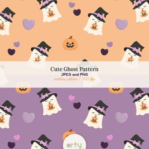 May include: A seamless digital pattern featuring white ghosts wearing black witch hats with pink bands, holding orange jack-o'-lanterns. The design includes purple and lavender hearts on light orange and purple backgrounds. Text reads Cute Ghost Pattern.