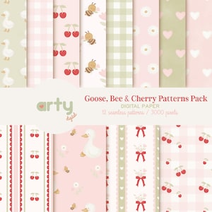 Pode incluir: Um pacote de papel digital com 12 padrões sem costura com ilustrações de gansos brancos, cerejas vermelhas, abelhas, flores, corações e laços em rosa, verde e branco. O texto diz Arty Digital Goose, Bee & Cherry Patterns Pack.