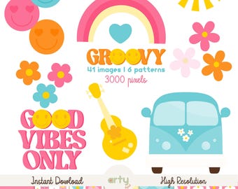 Puede incluir: Un conjunto gráfico digital con caras sonrientes coloridas, un arcoíris, un sol, flores, una guitarra y una furgoneta azul claro. El texto dice GROOVY, 41 images, 6 patterns, 3000 pixels y GOOD VIBES ONLY. Incluye seis patrones repetidos abajo.