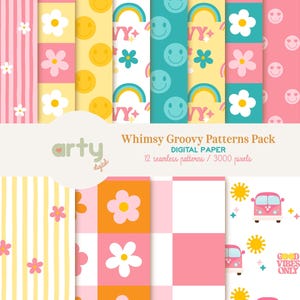 Pode incluir: Uma coleção de padrões de papel digital coloridos com um tema extravagante e groovy. Os designs incluem rostos sorridentes, arco-íris, flores e padrões de xadrez em tons de rosa, amarelo, laranja e verde-azulado. O texto diz "Whimsy Groovy Patterns Pack".