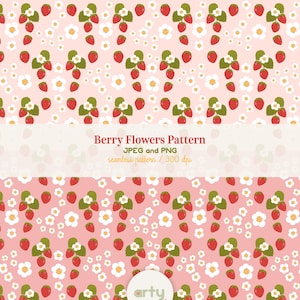 Pode incluir: Um padrão digital contínuo com morangos vermelhos, folhas verdes e pequenas flores brancas sobre um fundo rosa claro. O texto Berry Flowers Pattern, JPEG and PNG, seamless pattern, 300 dpi está centralizado na imagem.