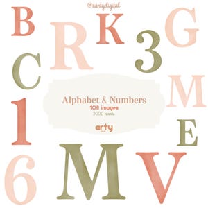 Pode incluir: Uma coleção de letras e números do alfabeto em aquarela em tons de pêssego, verde e castanho. A imagem inclui as letras B, R, K, G, C, M, E, V e os números 1, 3 e 6. O texto diz "Alphabet & Numbers" e "108 images 3000 pixels."