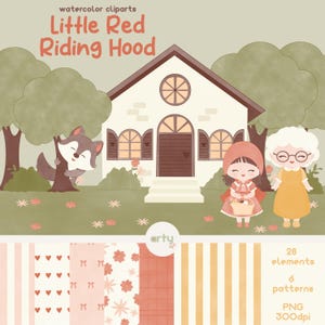 Clipart de acuarela de Caperucita Roja - Imágenes prediseñadas de un lindo lobo y su abuela - Caperucita Roja - Gráficos PNG de Érase una vez - Decoración