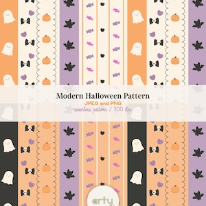 Pode incluir: Um padrão digital sem costuras com listras verticais e motivos de Halloween, incluindo fantasmas brancos, abóboras laranja, morcegos pretos, corações roxos, doces cor-de-rosa e laços pretos em fundos creme, laranja, roxo e preto com sobreposições de texto.