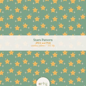 Pode incluir: Um padrão digital contínuo com estrelas amarelas de cinco pontas e pequenas faíscas brancas de quatro pontas sobre um fundo verde sálvia. A imagem inclui o texto Stars Pattern, JPEG and PNG, seamless pattern / 300 dpi e @artydigital.