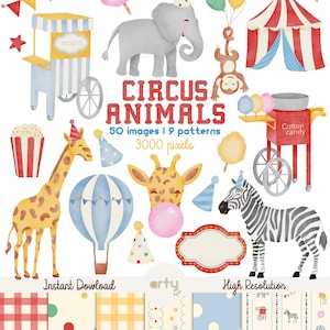 Pode incluir: Uma coleção digital de ilustrações em aquarela com tema de circo, incluindo um elefante, girafa, zebra, macaco, balão de ar quente, bilheteria, carrinho de algodão-doce, pipoca e tenda de circo, com o texto CIRCUS ANIMALS 50 images 9 patterns.