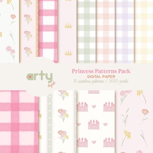 Pode incluir: Uma coleção de padrões de papel digital com tema de princesa. Os designs incluem motivos florais, xadrez e castelos em cores pastel suaves como rosa, verde e amarelo. O texto diz "Princess Patterns Pack" e "12 padrões sem costura / 3000 pixels."