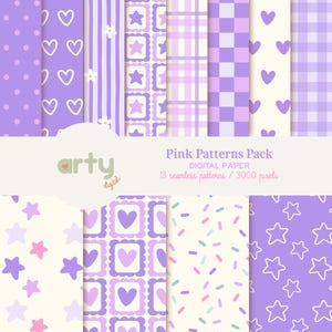 Pode incluir: Uma coleção de papel digital intitulada Pink Patterns Pack com 13 padrões sem costura em tons de roxo, lavanda e creme. Os designs incluem bolinhas, corações, listras com flores, estrelas, xadrez, quadriculados e granulados.