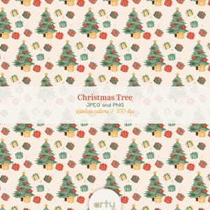 Pode incluir: Um padrão digital contínuo com árvores de Natal em estilo aguarela decoradas com ornamentos vermelhos e estrelas douradas, intercaladas com várias caixas de presente coloridas num fundo creme claro. Texto: Christmas Tree JPEG and PNG.