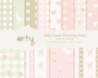 Watercolor Silly Goose Digital Papers, Grandmillenial Goose Digital Papers, Cute Cottagecore Spring Design, Goose Themed Seamless Pattern