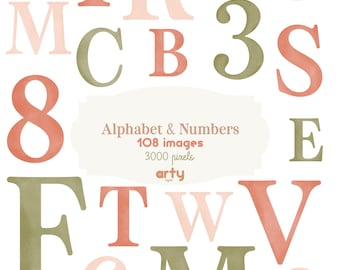 Könnte beinhalten: Eine digitale Sammlung von Buchstaben und Zahlen in gedeckten olivgrünen, korallenfarbenen und zartrosa Aquarelltönen. Der mittlere Text lautet Alphabet & Numbers 108 images 3000 pixels @aartydigital. Die Zeichen sind in einem Layout verstreut.