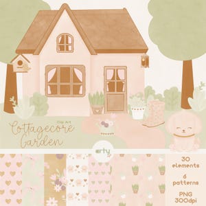 Aquarel schattige rustieke huis clipart - bloemen clipart - rustieke boerderij vintage PNG - lente vintage cottagecore - schattige hond en vogel PNG