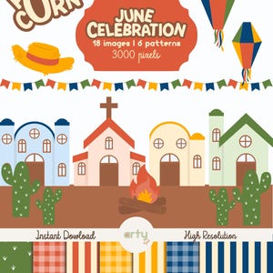 Puede incluir: Ilustración digital con temática festiva. Presenta un gráfico de palomitas de maíz, un sombrero de paja y una pancarta. La imagen incluye edificios, cactus, una hoguera y patrones coloridos. El texto dice "June Celebration" y "Instant Download."