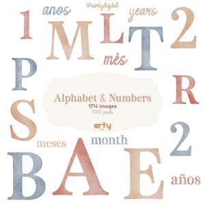 Pode incluir: Ilustração em aquarela do alfabeto e números em cores pastel. A imagem inclui os números 1 e 2, as letras A, B, E, L, M, P, R, S e T, e as palavras "years", "month", "meses", "años" e "Alphabet & Numbers". A imagem também inclui o texto "174 images" e "3000 pixels".