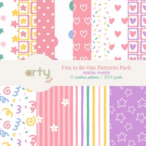 Pode incluir: Uma coleção de papel digital intitulada Fun to Be One Patterns Pack com 13 padrões sem costura de 3000 pixels. Os designs incluem motivos rosa, amarelos e roxos como estrelas, corações, pontos, listras, flores e confetes.