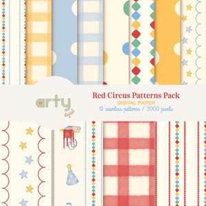 Pode incluir: Um pacote de papel digital com doze padrões sem costura com temas de circo, incluindo listras vermelhas e brancas, estrelas amarelas, bolinhas azuis e xadrez. O texto diz Red Circus Patterns Pack, 12 seamless patterns / 3000 pixels.