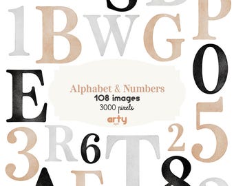 Könnte beinhalten: Eine digitale Sammlung von Buchstaben und Zahlen mit schwarzen, grauen und beigen Aquarelltexturen. Der zentrale Text lautet Alphabet & Numbers, 108 images, 3000 pixels und der Markenname arty. Die Zeichen sind in einer Collage angeordnet.