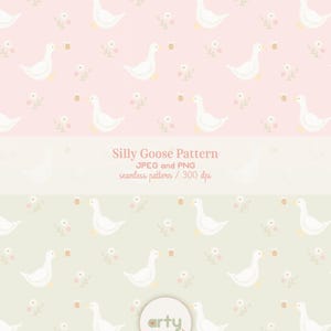 Pode incluir: Um padrão digital sem costuras com gansos brancos, pequenas flores e abelhas em dois fundos: rosa claro e verde pálido. O texto diz @aartydigital, Silly Goose Pattern, JPEG and PNG, seamless pattern / 300 dpi, e arty.