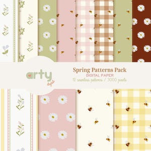 Pode incluir: Uma coleção de papel digital intitulada Spring Patterns Pack com 12 padrões sem costura com motivos florais, de abelhas e xadrez em tons de verde, rosa, castanho, amarelo e creme. O texto diz Arty Digital, Spring Patterns Pack e 3000 pixels.