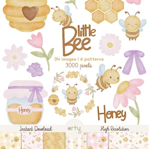 Puede incluir: Una colección digital de ilustraciones en acuarela que presenta abejas, panales, una colmena con un corazón, flores, un tarro de miel y un lazo. El texto dice @aartydigital, little Bee, 34 images | 6 patterns, 3000 pixels, Honey, Instant Download y High Resolution.
