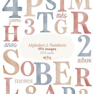 Puede incluir: Una colección digital de letras y números estilo acuarela en tonos azul, melocotón y terracota. La imagen incluye texto como Alphabet & Numbers, 174 images, 3000 pixels y varias palabras relacionadas con el tiempo como years, meses y anos.