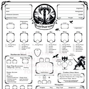 Könnte beinhalten: Ein schwarz-weiß Charakterbogen für eine Barbarenklasse in einem Fantasy-Rollenspiel. Das Blatt enthält Abschnitte für Name, Rasse, Charaktereigenschaften, Fähigkeiten und Kampfinformationen. Das Wort "Barbar" ist prominent dargestellt.