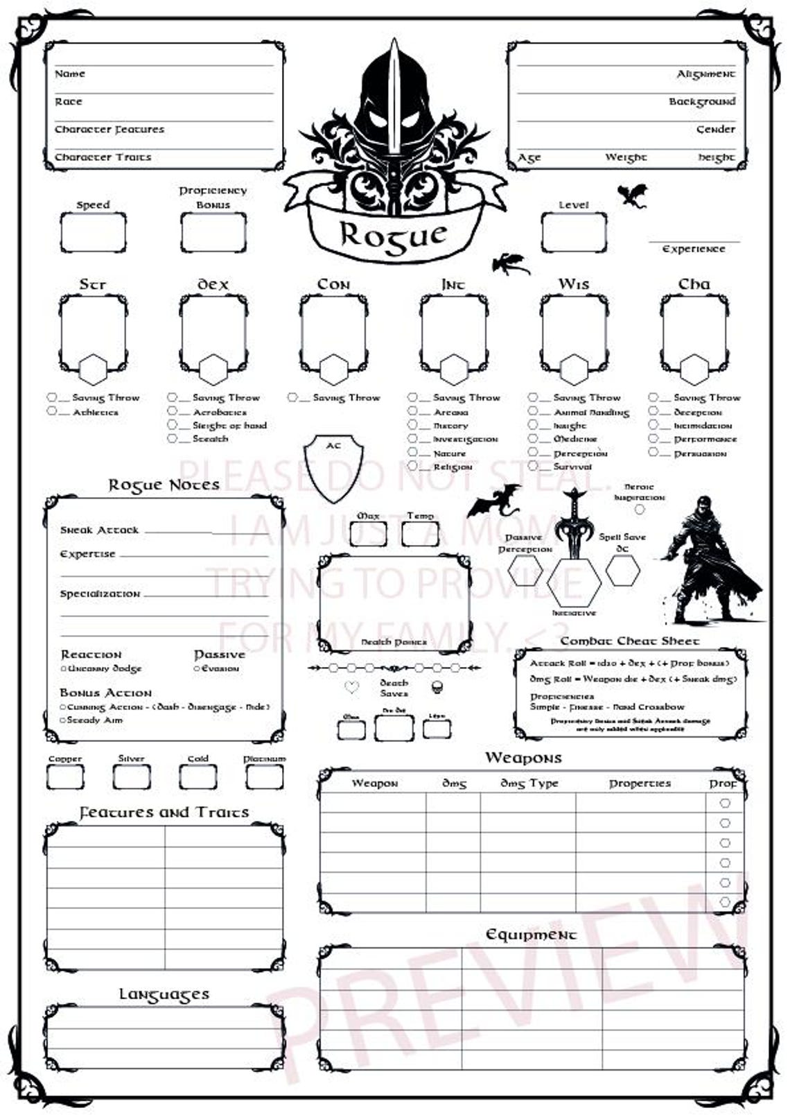 2024 Dnd 5.5e Rogue - Character Sheet (printable) - Etsy