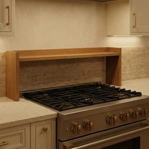 Puede incluir: Una cocina de gas de acero inoxidable con una encimera negra y mandos de color latón está empotrada en una encimera de cocina. Encima de la cocina hay una estantería de madera. La cocina tiene armarios blancos y un salpicadero de color claro.