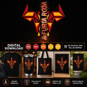 May include: A digital graphic design featuring a geometric bull head in red, orange, and yellow with the text LA FURIA ROJA. The design is displayed on a black t-shirt, a stainless steel tumbler, a black tote bag, a framed print, and a garden flag.