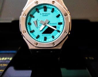 Handmade Blue Mod Watch – Octagon Bezel, Digital-Analog Display black resin strap.For him /her.
