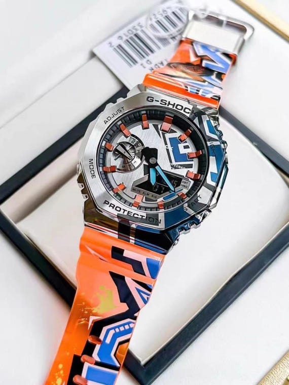 Men's Steel Case Analog-Digital Watch – Shock Resistant, Orange and Blue Abstract Art Strap