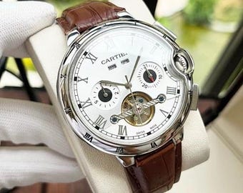 Automatyczny zegarek męski Skeleton – fazy księżyca, cyfry rzymskie, pasek skórzany