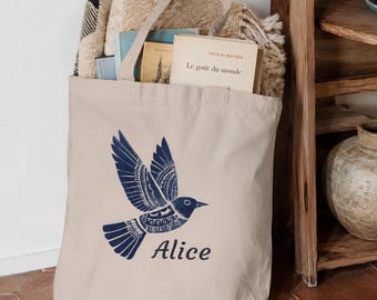 Customizable eco-friendly cotton tote bag with beautiful linocut bird print, sturdy, original and durable - Ideal gift idea for women