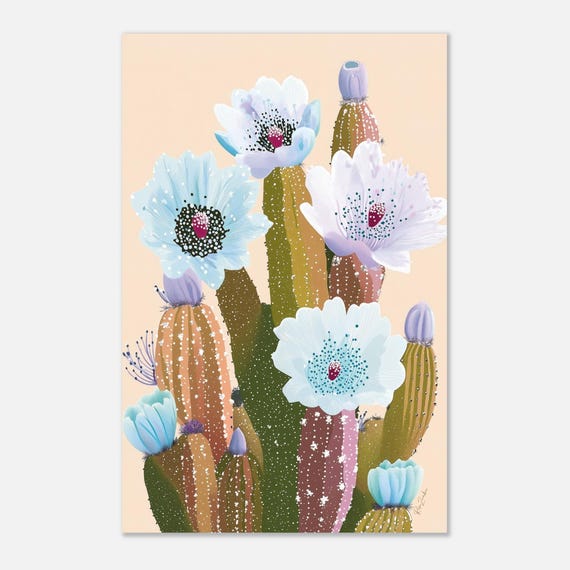 再生紙に印刷された、花を咲かせたサボテンを描いたカラフルなポスター 