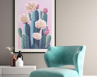 Pink poster of a blooming cactus - Modern pop art in vibrant colors, the perfect poster for a botanical vibe and a bold decor