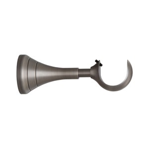 May include: A silver metal curtain rod bracket with a curved arm and a decorative base.
