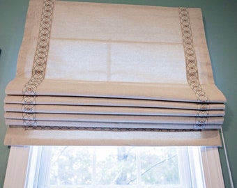 Roman Shade--Custom, with ribbon trim, can be made with blackout, faux/false/fake roman shade valance, ribbon trim detail roman shades