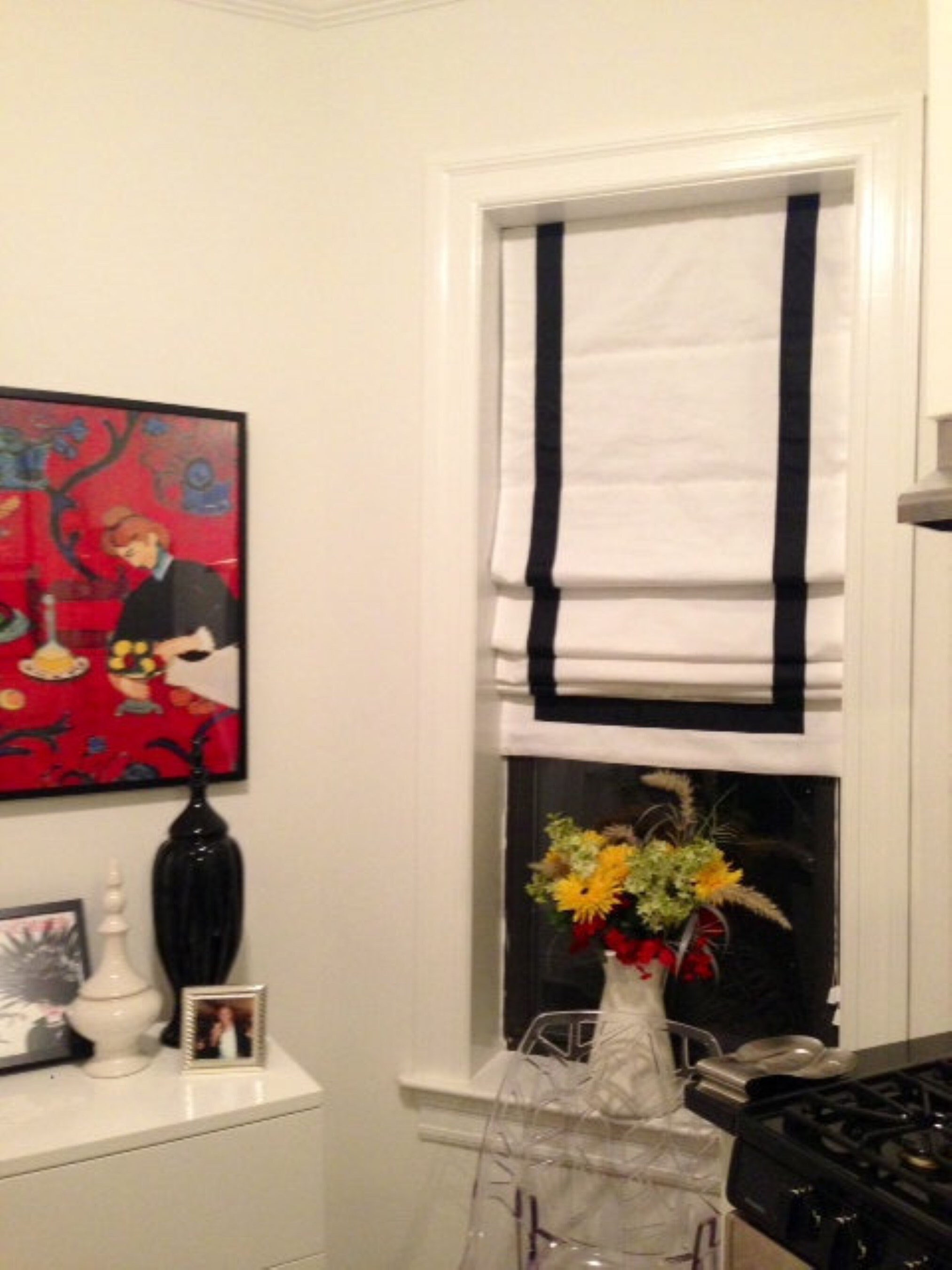 Custom Roman Shades with Ribbon Trim White Window Curtain with ribbon accent, can be made faux/ false roman shade with blackout for windows