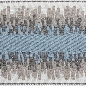 May include: Close-up of a woven textile with a geometric pattern. The design features a central band of light blue, bordered by sections of gray and beige, with a white background and a dotted border.
