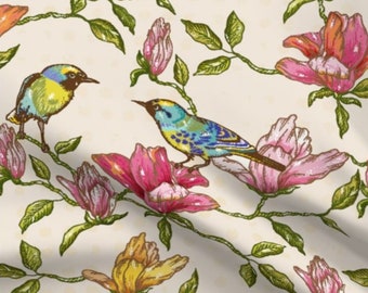 Tessuto tagliato su misura con motivo "Marjory Belle" e uccelli, ideale per decorazioni domestiche.