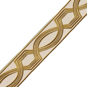May include: Gold trim with a geometric pattern on a white background. The trim is approximately 2.5 inches wide.