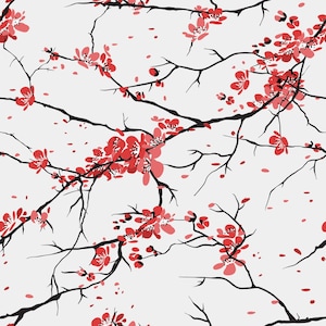 May include: A seamless pattern featuring delicate black branches with clusters of pink blossoms. The background is a light gray color.