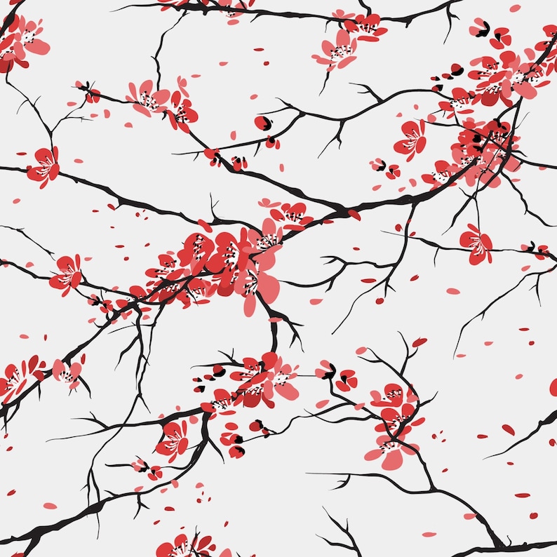 May include: A seamless pattern featuring delicate black branches with clusters of pink blossoms. The background is a light gray color.