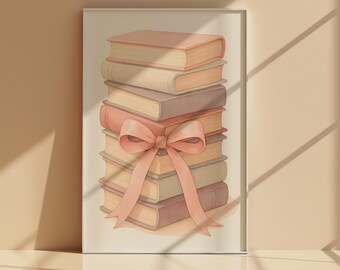 Impresión digital de libros apilados vintage: acuarela, póster literario, descarga instantánea, lazo rosa, impresión de libro, arte mural de libros, Coquette
