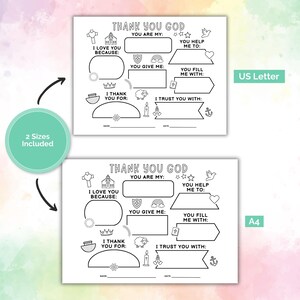 May include: Black and white printable coloring pages with the text "THANK YOU GOD". The pages include fill-in-the-blank sections and illustrations of a cross, church, sun, crown, boat, sheep, candle, and anchor. Two sizes are included.
