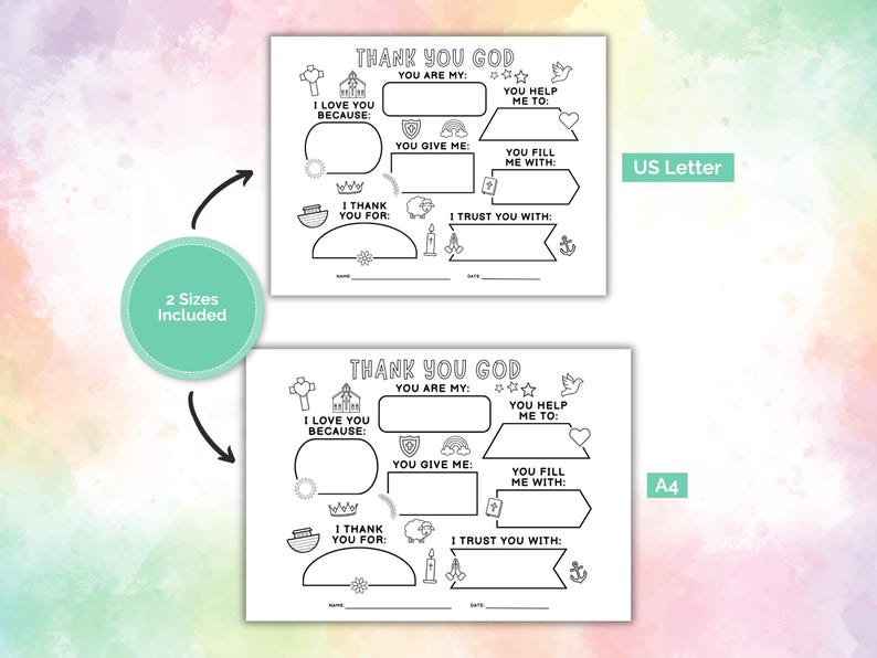 May include: Black and white printable coloring pages with the text "THANK YOU GOD". The pages include fill-in-the-blank sections and illustrations of a cross, church, sun, crown, boat, sheep, candle, and anchor. Two sizes are included.
