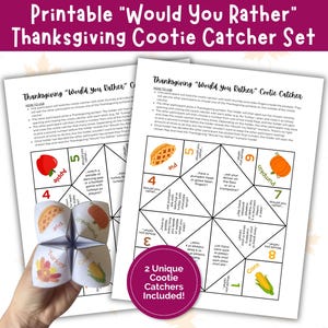 May include: Printable Thanksgiving "Would You Rather" Cootie Catcher Set. The image shows two white sheets with a game layout and a folded paper fortune teller. The fortune teller has images of an apple, pie, turkey, pumpkin, and corn.